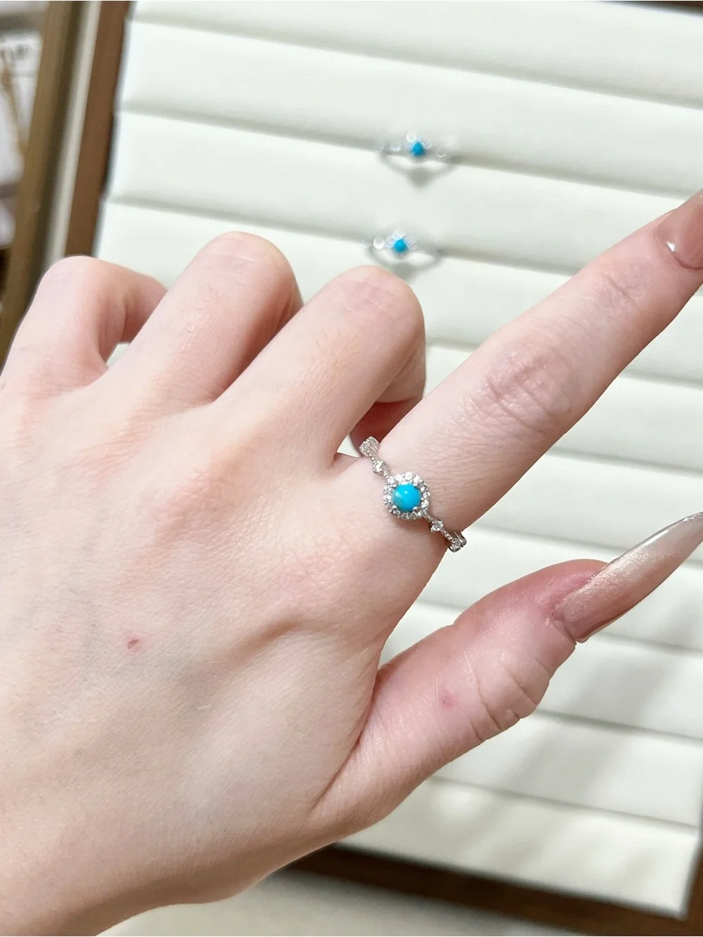 Natural Dainty Turquoise Stone Ring | Silver Plated | One Size Adjustable